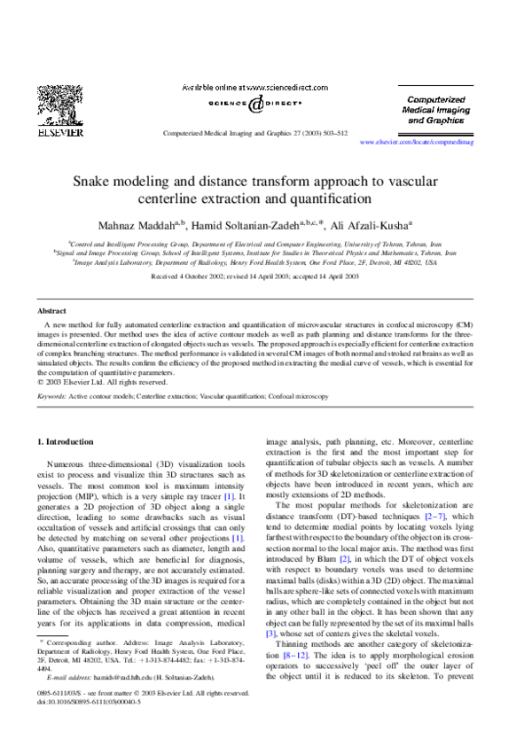 (PDF) Snake modeling and distance transform approach to vascular ...