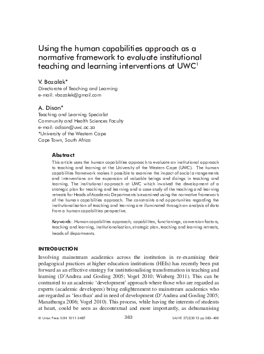 (PDF) Using the human capabilities approach as a normative framework to ...