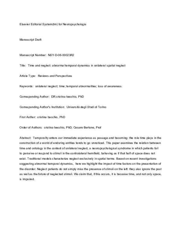 (PDF) Time and neglect: Abnormal temporal dynamics in unilateral ...