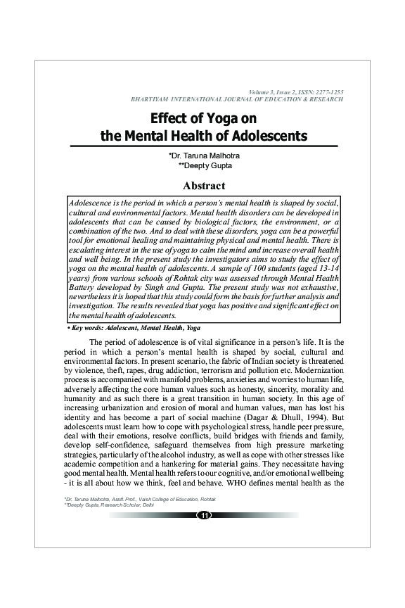 (PDF) Effect of Yoga on the Mental Health of Adolescents