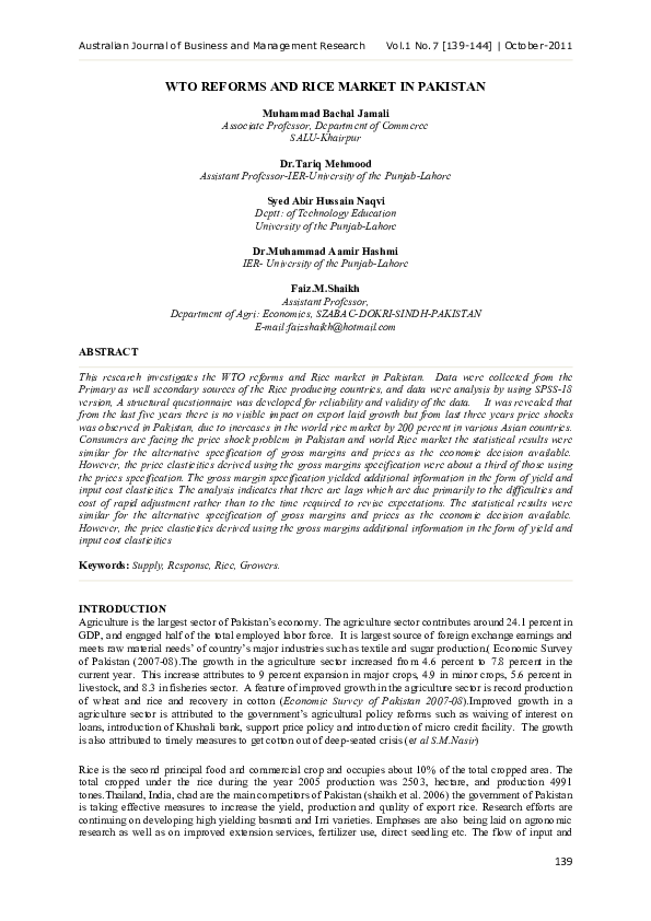 (PDF) WTO Reforms and Rice Market in Pakistan