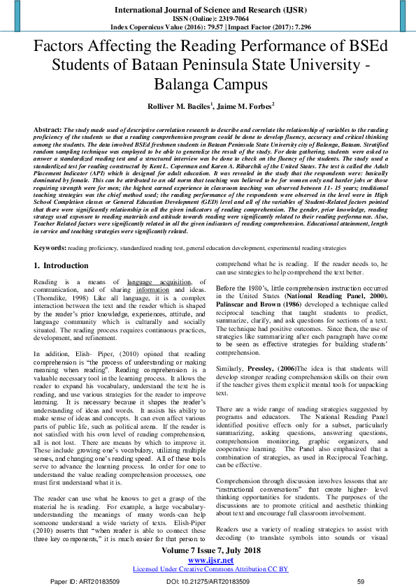 (PDF) Factors Affecting the Reading Performance of BSEd Students of