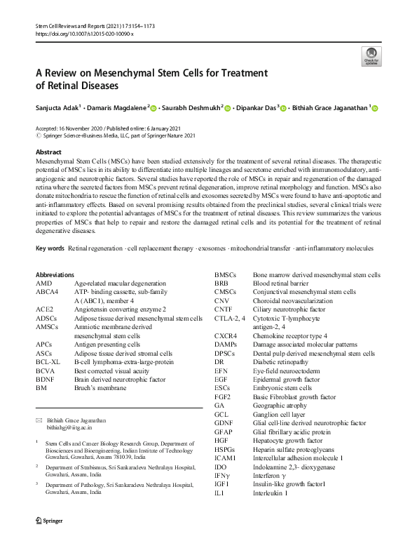(PDF) A Review on Mesenchymal Stem Cells for Treatment of Retinal Diseases