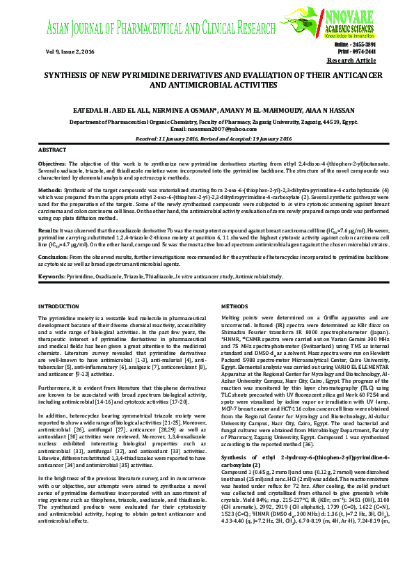 (PDF) Synthesis of New Pyrimidine Derivatives and Evaluation of Their ...