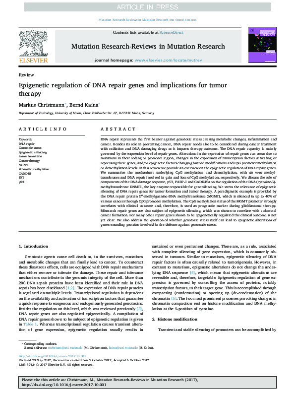 (PDF) Epigenetic regulation of DNA repair genes and implications for ...
