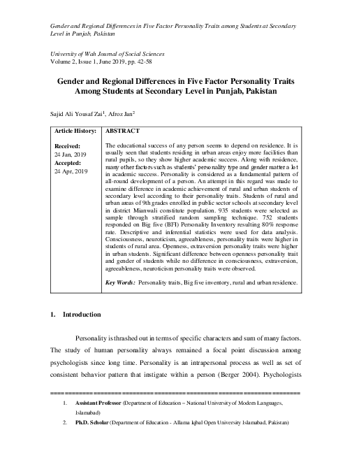 (PDF) Gender and Regional Differences in Five Factor Personality Traits ...
