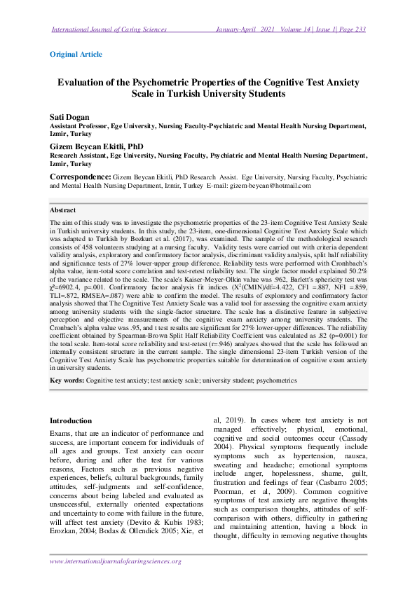 (PDF) Evaluation of the Psychometric Properties of the Co gnitive Test ...