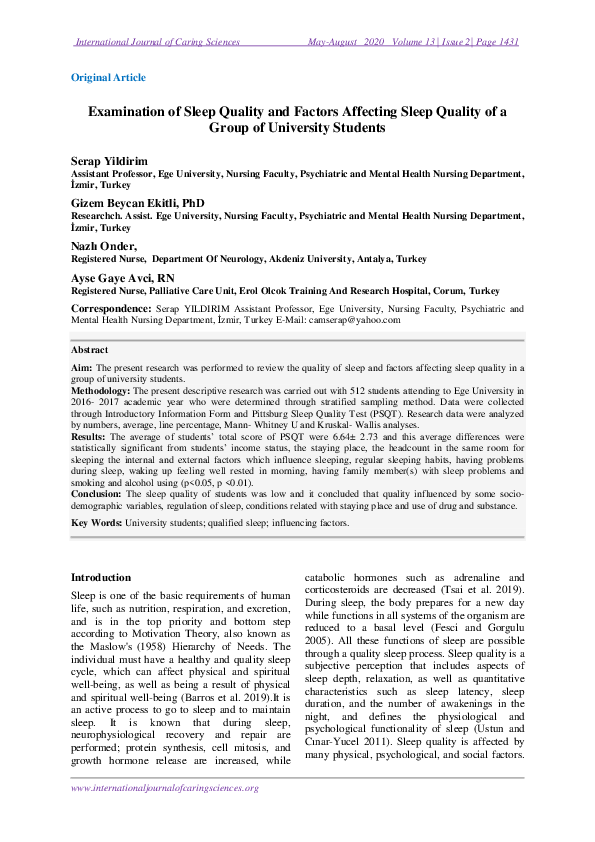 (PDF) Examination of Sleep Quality and Factors Affecting Sleep Quality ...