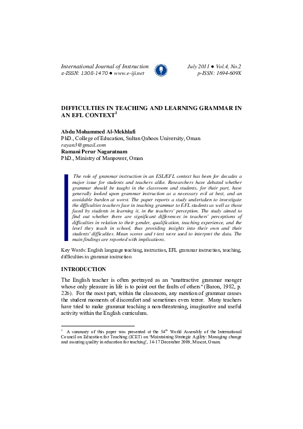 (PDF) Difficulties in Teaching and Learning Grammar in an EFL Context