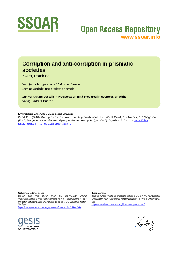 Pdf Corruption And Anti Corruption In Prismatic Societies Frank De Zwart Academia Edu