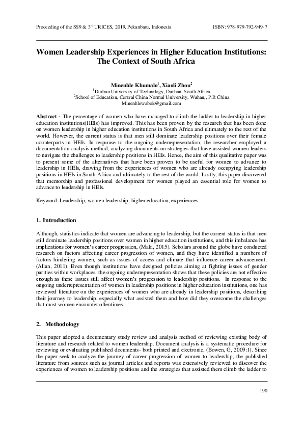(PDF) Women Leadership Experiences in Higher Education Institutions ...