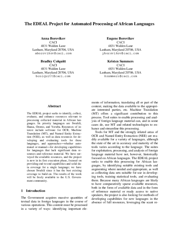(PDF) The EDEAL Project for Automated Processing of African Languages Kristen Summers