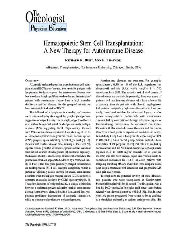 (PDF) Hematopoietic stem cell transplantation: a new therapy for ...