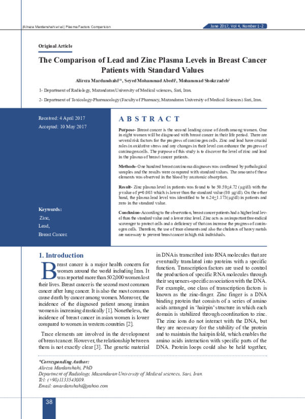 (PDF) The Comparison of Lead and Zinc Plasma Levels in Breast Cancer ...
