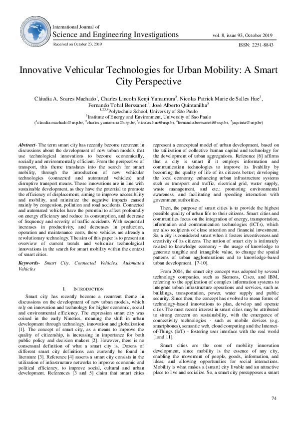(PDF) Innovative Vehicular Technologies for Urban Mobility: A Smart ...