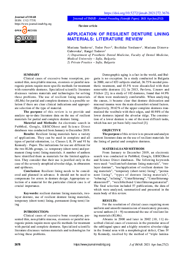 (PDF) Application of Resilient Denture Lining Materials Literature Review Mariana Yankova