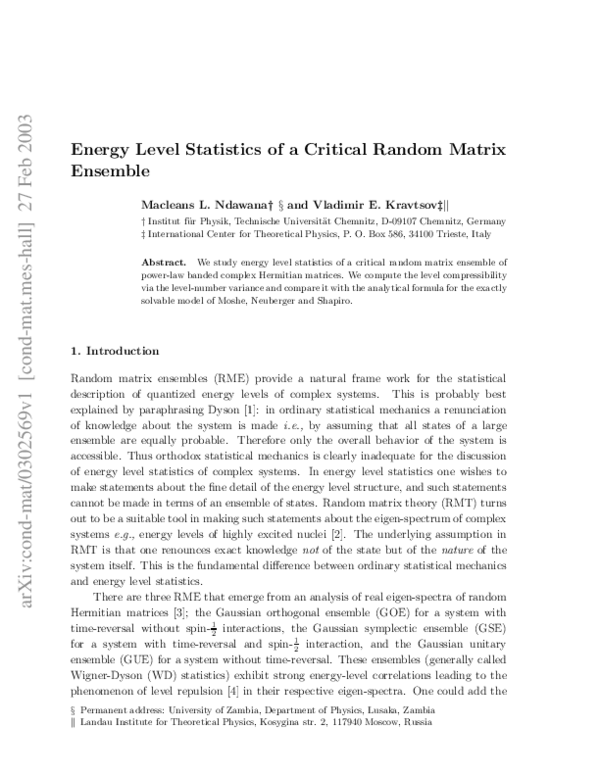 (PDF) Energy level statistics of a critical random matrix ensemble