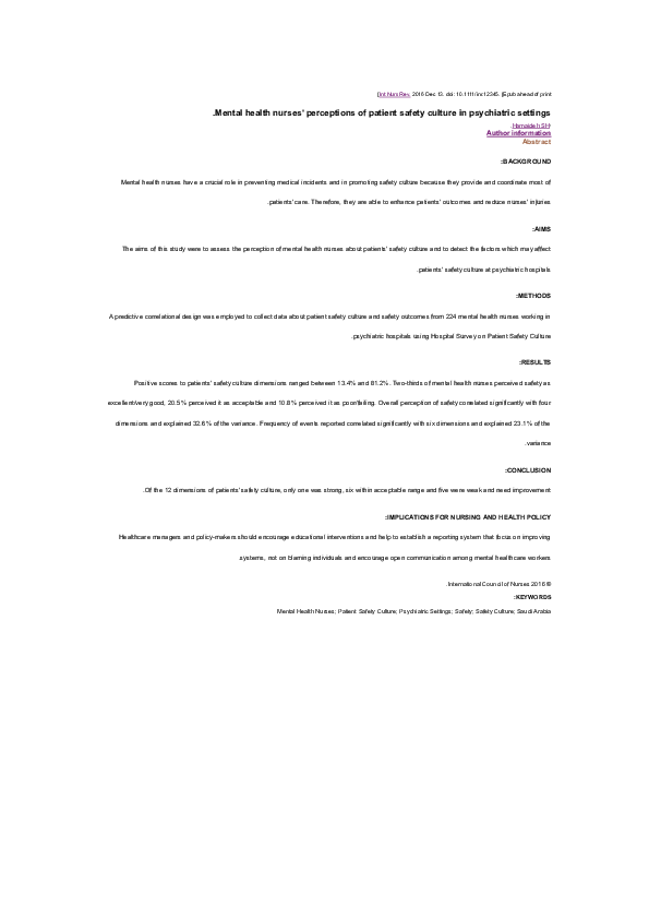 (PDF) Mental health nurses’ perceptions of patient safety culture in ...