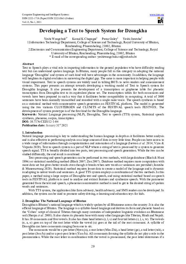 (PDF) Developing a Text to Speech System for Dzongkha