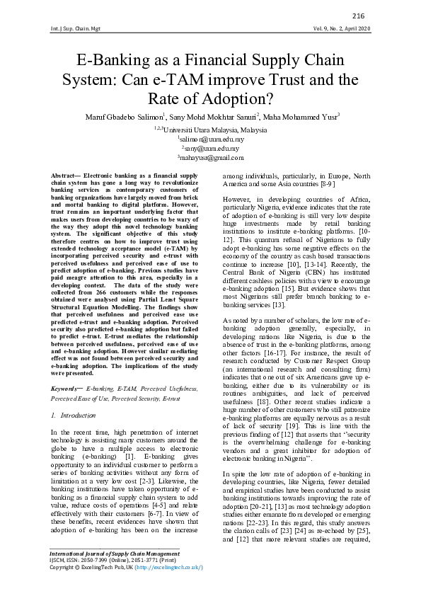 (PDF) E-Banking as a Financial Supply Chain System: Can e-TAM improve ...