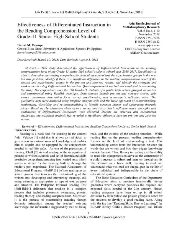 (PDF) Effectiveness of Differentiated Instruction in the Reading ...