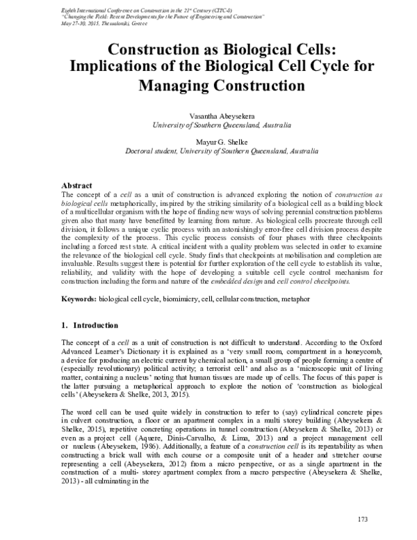 (PDF) Construction as biological cells: implications of the biological ...