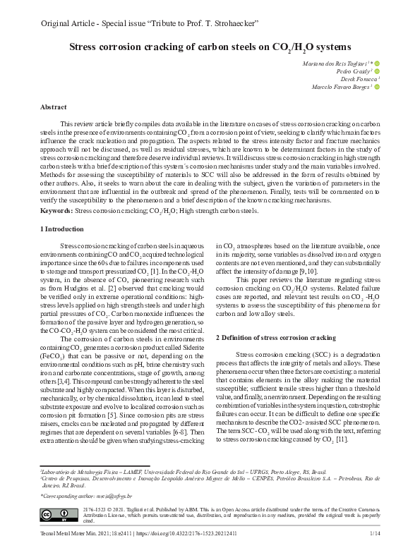 (PDF) Stress corrosion cracking of carbon steels on CO 2 / H 2 O systems