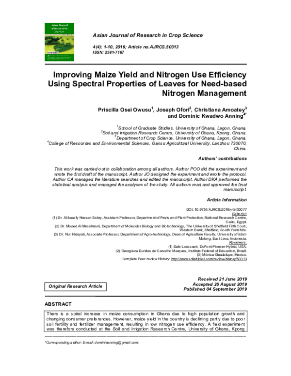 (PDF) Improving Maize Yield and Nitrogen Use Efficiency Using Spectral ...