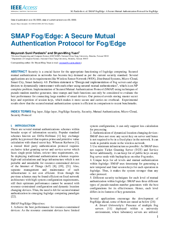 (PDF) SMAP Fog/Edge: A Secure Mutual Authentication Protocol for Fog/Edge
