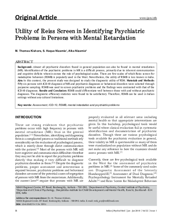 (PDF) Utility of reiss screen in identifying psychiatric problems in ...