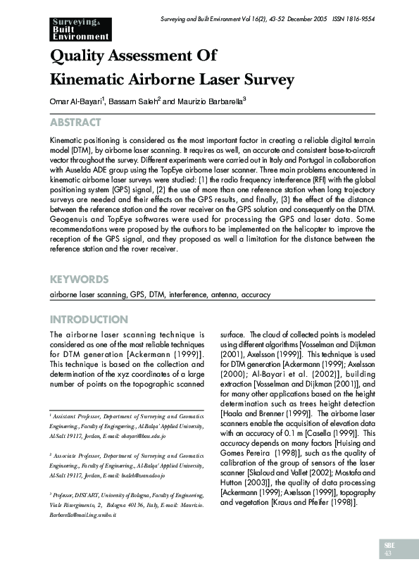 (PDF) Quality Assessment Of Kinematic Airborne Laser Survey