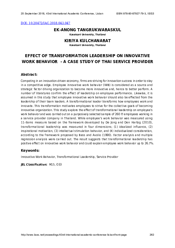(PDF) Effect of Transformation Leadership on Innovative Work Behavior ...