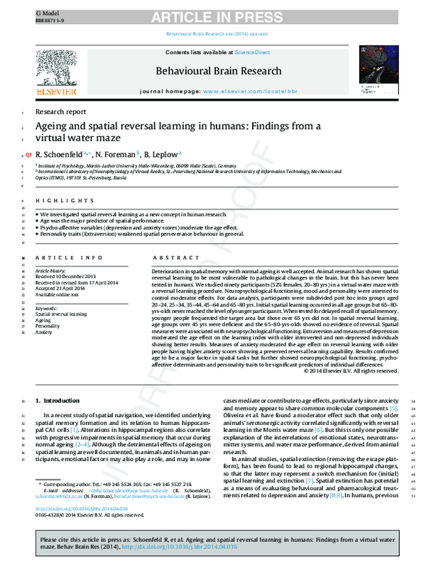 (PDF) Ageing and spatial reversal learning in humans: Findings from a ...
