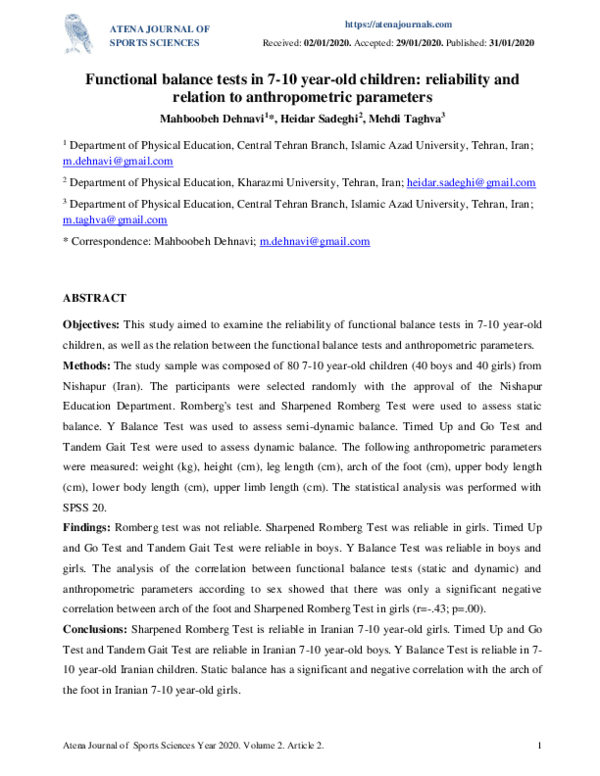 (PDF) Functional balance tests in 7-10 year-old children: reliability ...