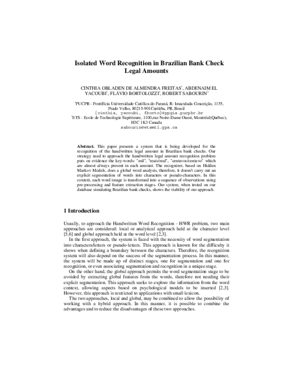 (PDF) Isolated word recognition in brazilian bank check legal amounts