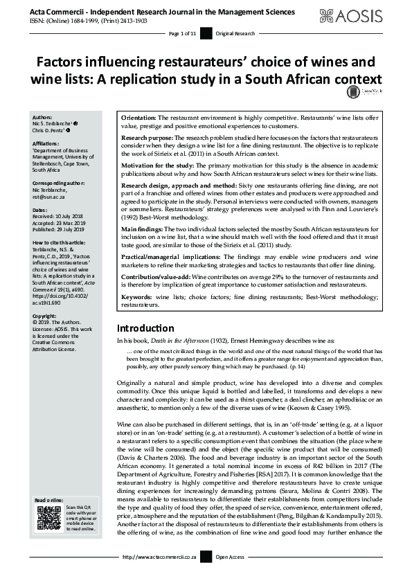 (PDF) Factors influencing restaurateurs’ choice of wines and wine lists ...