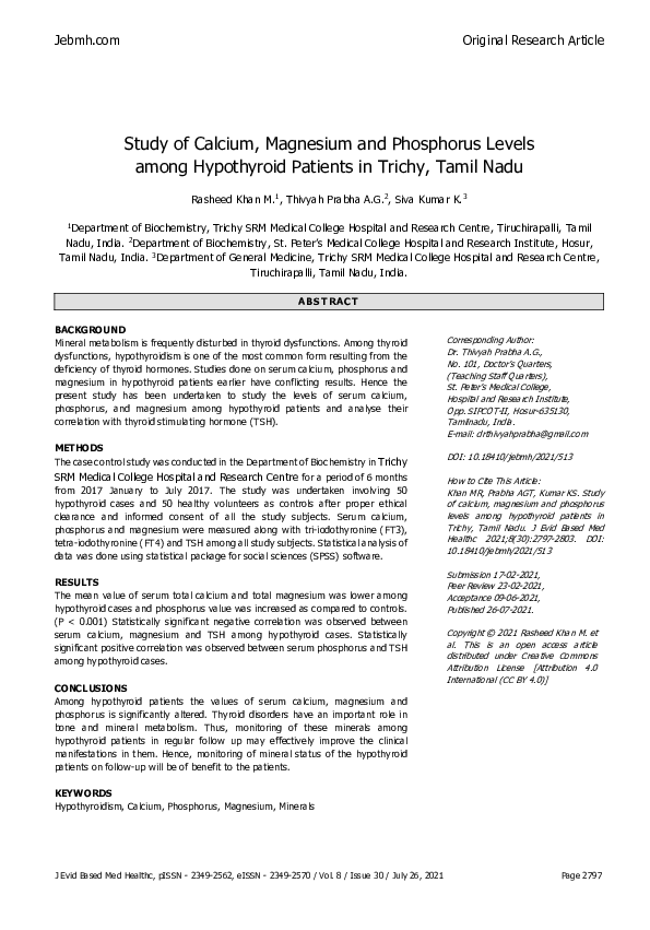 (PDF) Study of Calcium, Magnesium and Phosphorus Levels among ...