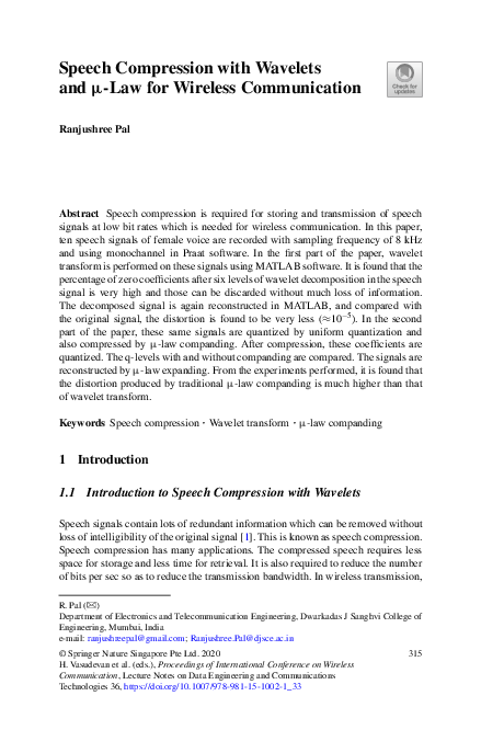 (PDF) Speech Compression with Wavelets and µ-Law for Wireless Communication