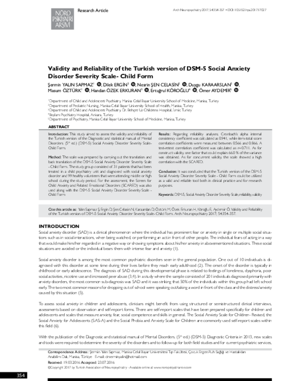  PDF Validity And Reliability Of The Turkish Version Of DSM 5 Social Anxiety Disorder Severity 
