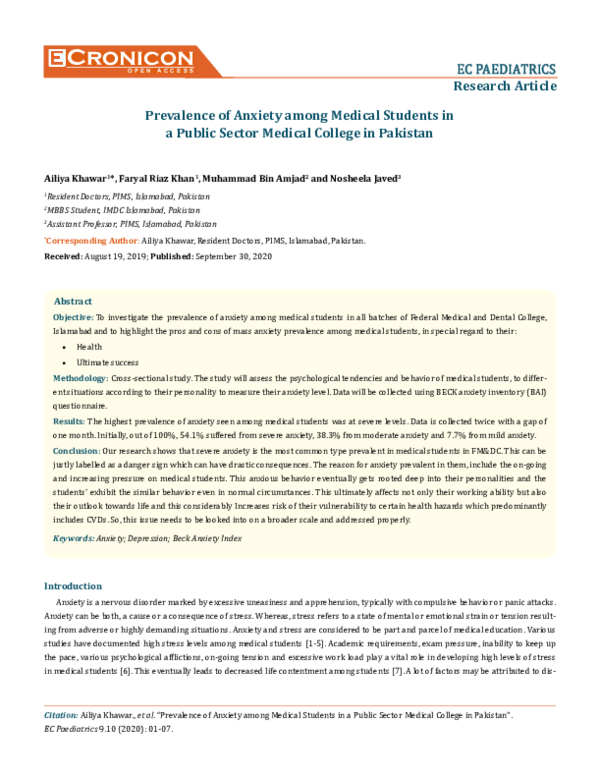 (PDF) Prevalence of Anxiety among Medical Students in a Public Sector ...