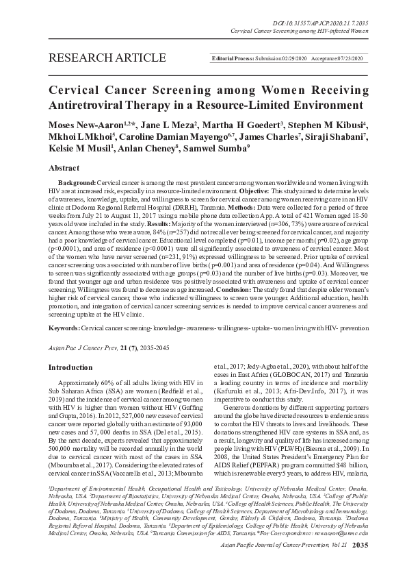(PDF) Cervical Cancer Screening among Women Receiving Antiretroviral ...