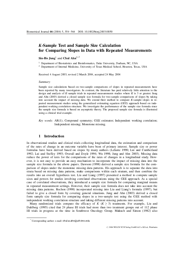 (PDF) K-Sample Test and Sample Size Calculation for Comparing Slopes in ...