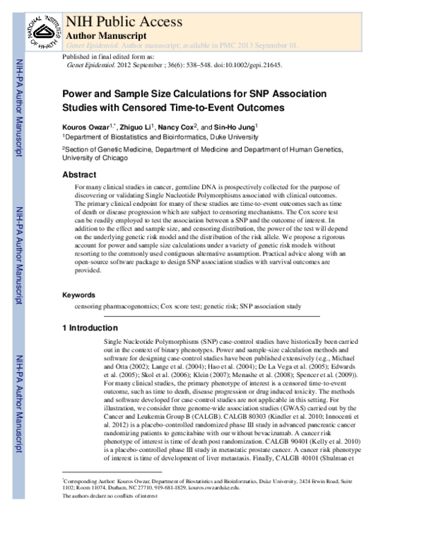 Pdf Power And Sample Size Calculations For Snp Association Studies With Censored Time To Event Outcomes Sin Ho Jung Academia Edu