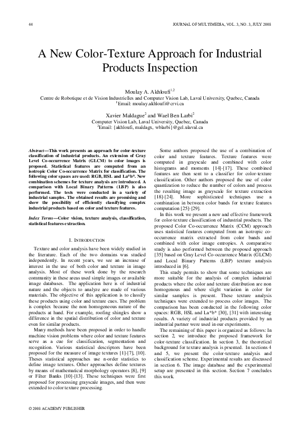 (PDF) A New Color-Texture Approach for Industrial Products Inspection