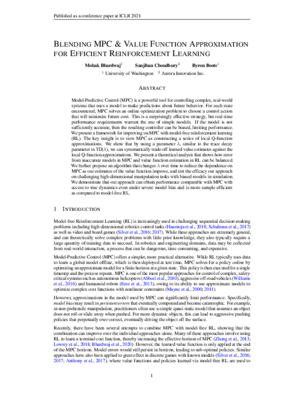 (PDF) Blending MPC & Value Function Approximation for Efficient ...