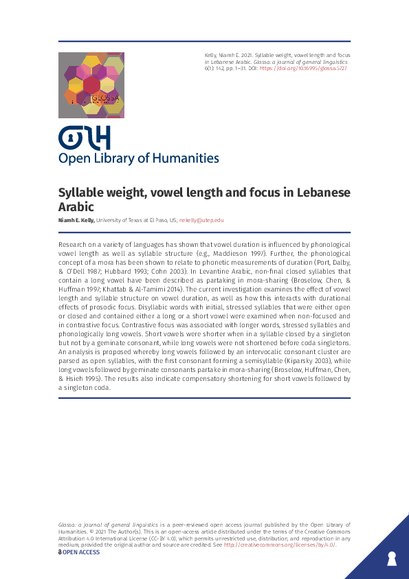 (PDF) Syllable weight, vowel length and focus in Lebanese Arabic