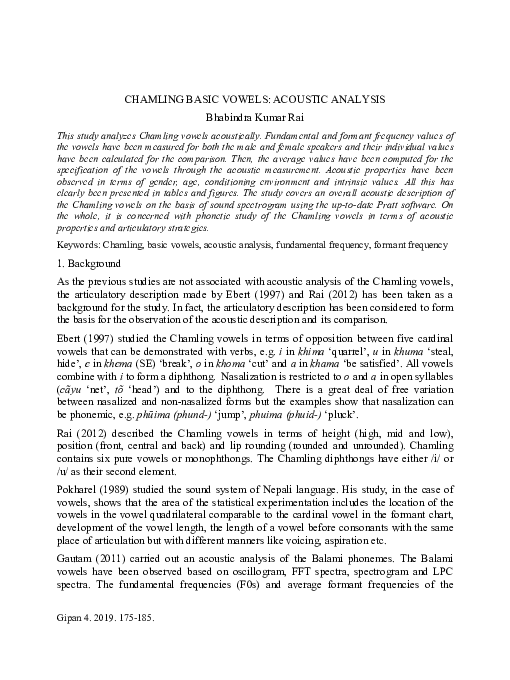 (PDF) Chamling basic vowels: acoustic analysis