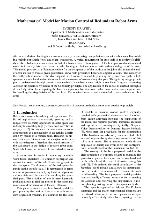 (PDF) Mathematical Model for Motion Control of Redundant Robot Arms