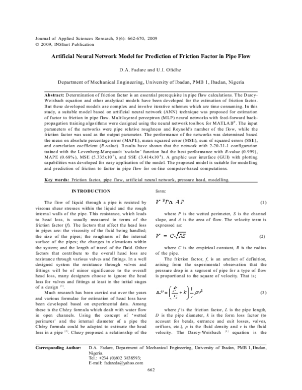 (PDF) Artificial Neural Network Model for Prediction of Friction Factor ...