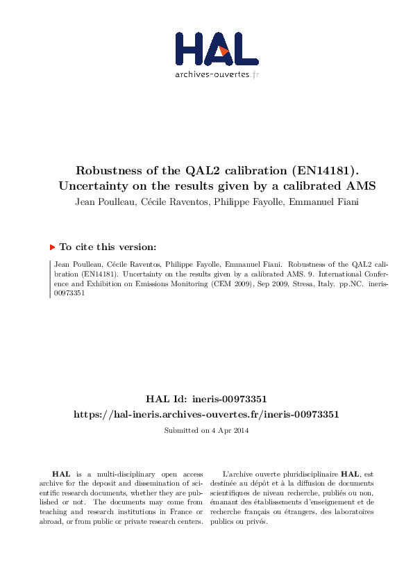 (PDF) Robustness of the QAL2 calibration (EN14181). Uncertainty on the ...